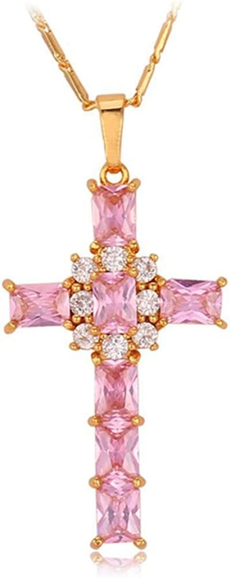 Catholic Gift Stainless Steel 18K Gold Plated Coin Medal/Crucifix Cross/Virgin Mary/Rosary Necklaces for Women Men E.Latin Cross-Pink & Gold