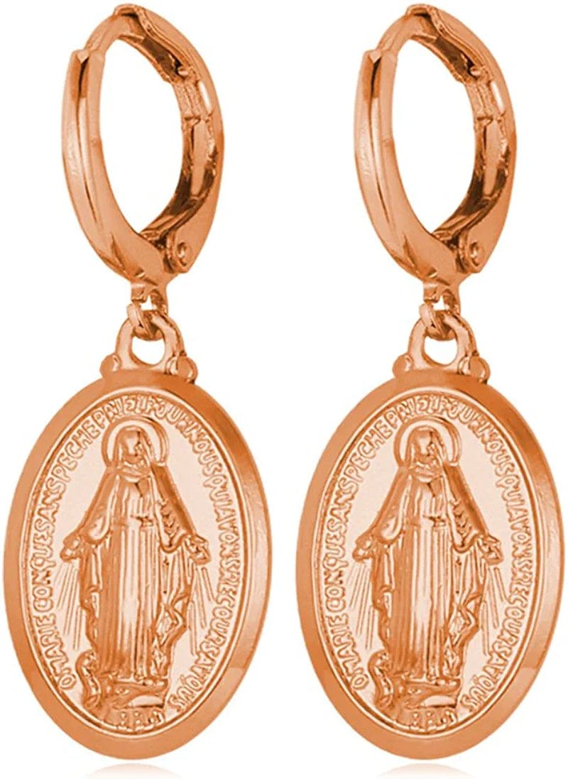 Catholic Gift Stainless Steel 18K Gold Plated Coin Medal/Crucifix Cross/Virgin Mary/Rosary Necklaces for Women Men B.Virgin Mary Earrings-Rose Gold