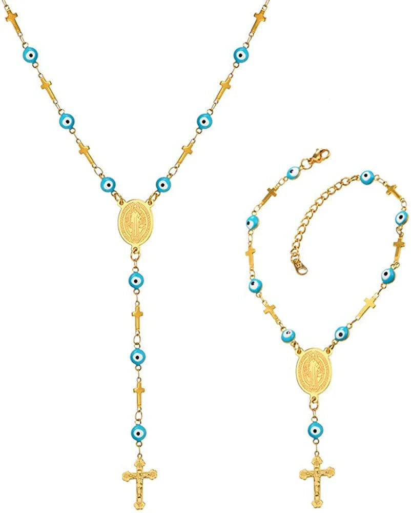 Catholic Gift Stainless Steel 18K Gold Plated Coin Medal/Crucifix Cross/Virgin Mary/Rosary Necklaces for Women Men D.Sideways Cross Rosary Set-Gold