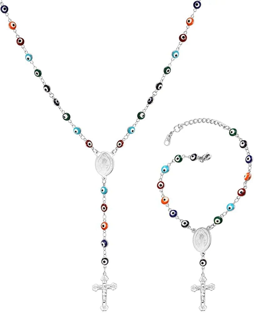 Catholic Gift Stainless Steel 18K Gold Plated Coin Medal/Crucifix Cross/Virgin Mary/Rosary Necklaces for Women Men C.Rosary Set-Colorful Turquoise Stainless