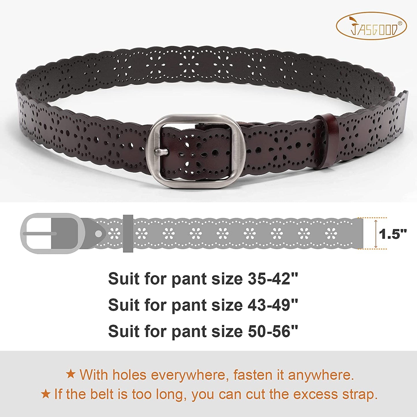 JASGOOD Women'S plus Size Belt, Hollow Flower Leather Belt for Jeans Pants Wide Belt with Metal Buckle Apparel & Accessories > Clothing Accessories > Belts KYLIE MAX
