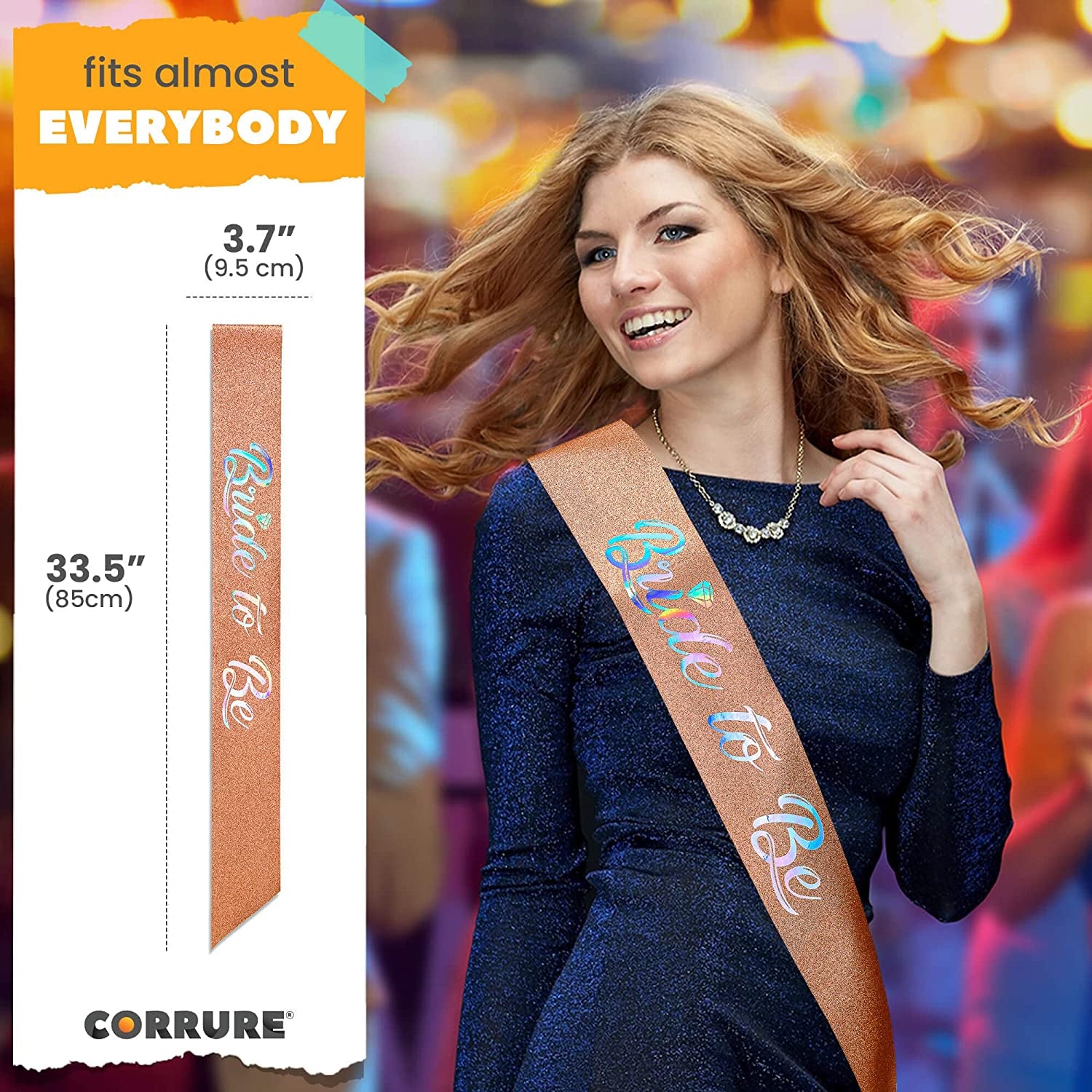 CORRURE 'Bride to Be' Sash for Bachelorette Party - Bridal Shower Rose Gold Glitter Sash with Multicolor Foil Lettering - Hen Party Decorations Supplies Accessories, Wedding Engagement Party Favors Apparel & Accessories > Clothing Accessories > Sashes CORRURE
