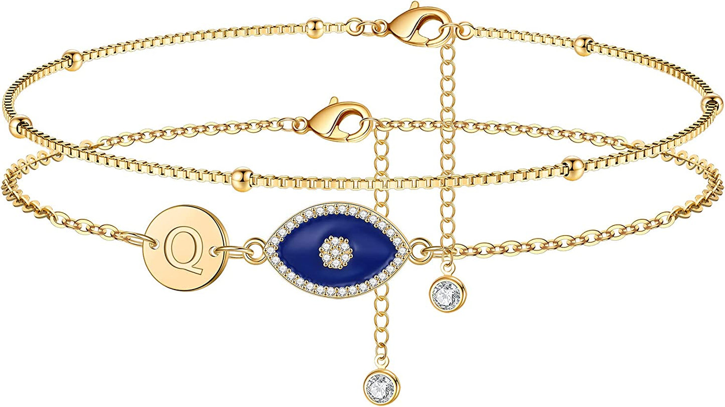 Layered Gold Anklets for Women, 14K Real Gold Plated Box Chain Ankle Bracelets for Women Dainty Evil Eye Anklets Layered Initial Anklets for Women Summer Jewelry Foot Bracelets for Women Apparel & Accessories > Jewelry > Anklets IEFWELL Q