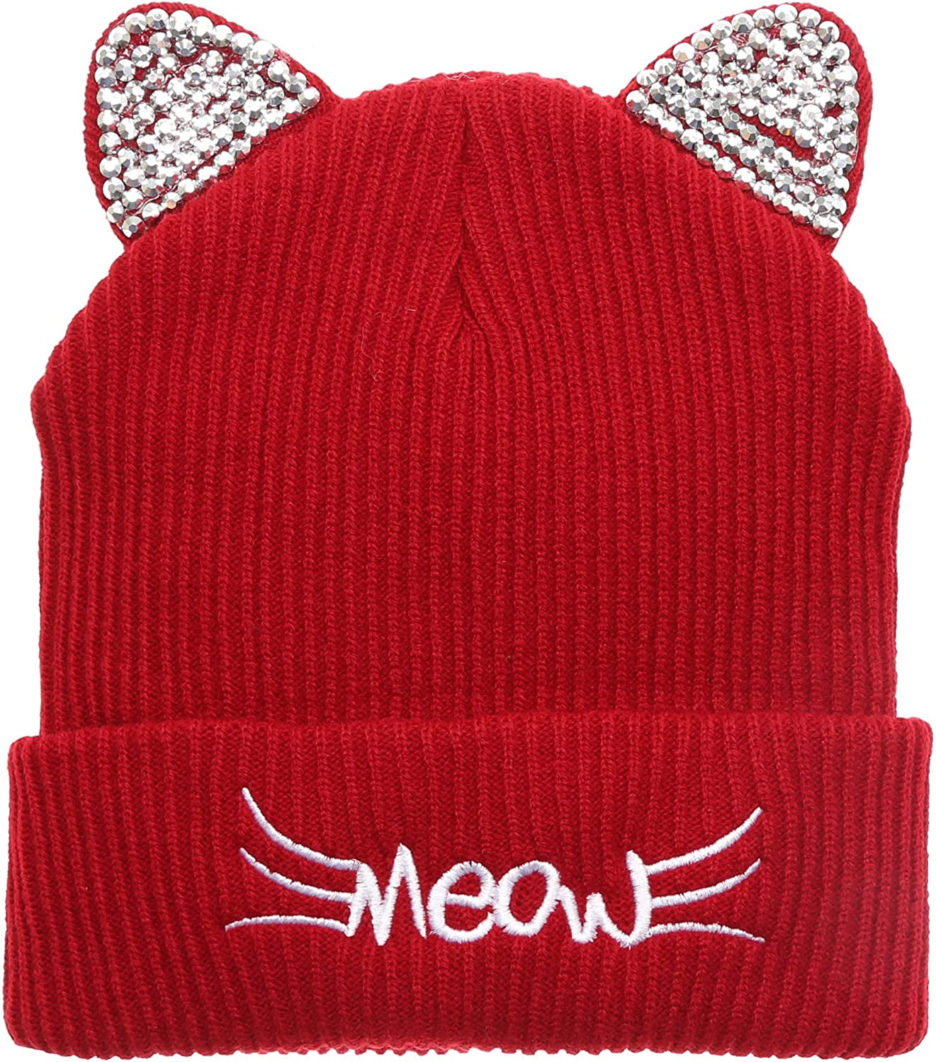 MIRMARU Women’S Soft Warm Embroidered Meow Cat Ears Knit Beanie Hat with Stone Embellished Apparel & Accessories > Clothing Accessories > Hats MIRMARU Red One Size