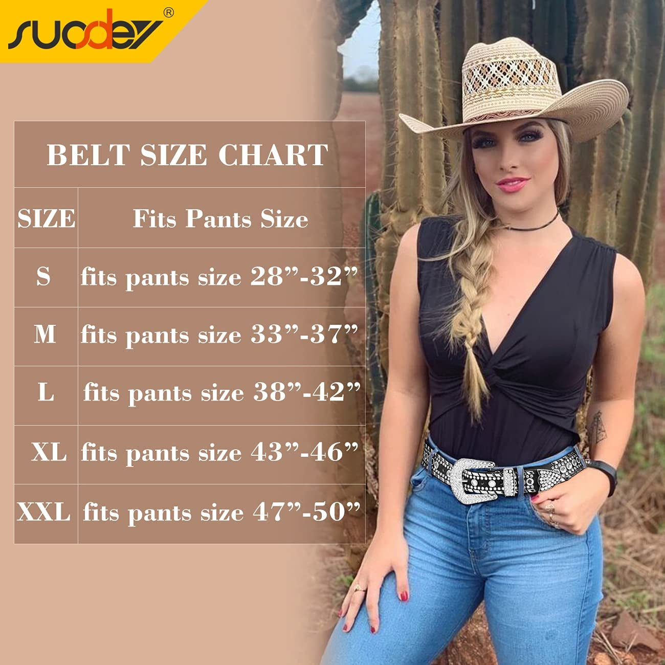 Rhinestone Belt for Men Women SUOSDEY Western Cowboy Cowgirl Bling Studded Leather Belt for Jeans Pants Apparel & Accessories > Clothing Accessories > Belts SUOSDEY