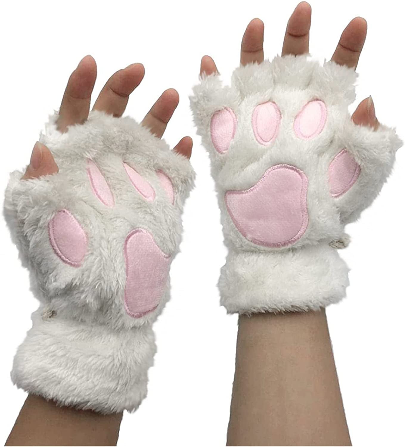 Cat Claw Bear Paw Fingerless Winter Plush Gloves 1Pair for Women Girls Fleece Plush Gloves Mittens Half Finger Gloves Cosplay Apparel & Accessories > Clothing Accessories > Gloves & Mittens JPLZi White One Size