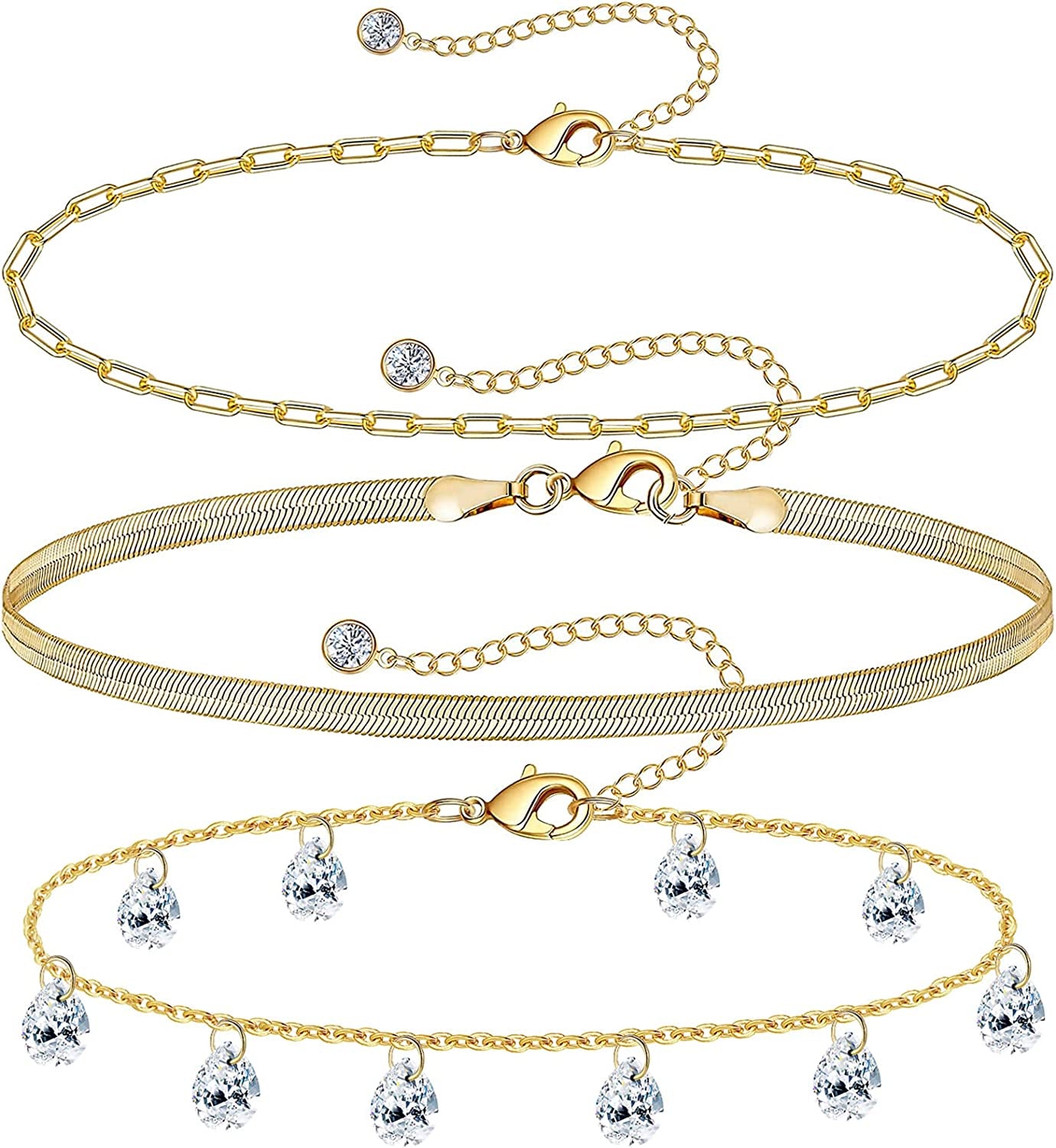 Gold Ankle Bracelets for Women 14K Gold Plated Anklet Silver Tennis Butterfly Star Coin Quartz Bead Snake Paperclip Chain Dainty Layered Anklet Set 3Pcs Jewelry Gifts for Teen Girls Apparel & Accessories > Jewelry > Anklets Vermeyen C-Yellow Gold-CZ