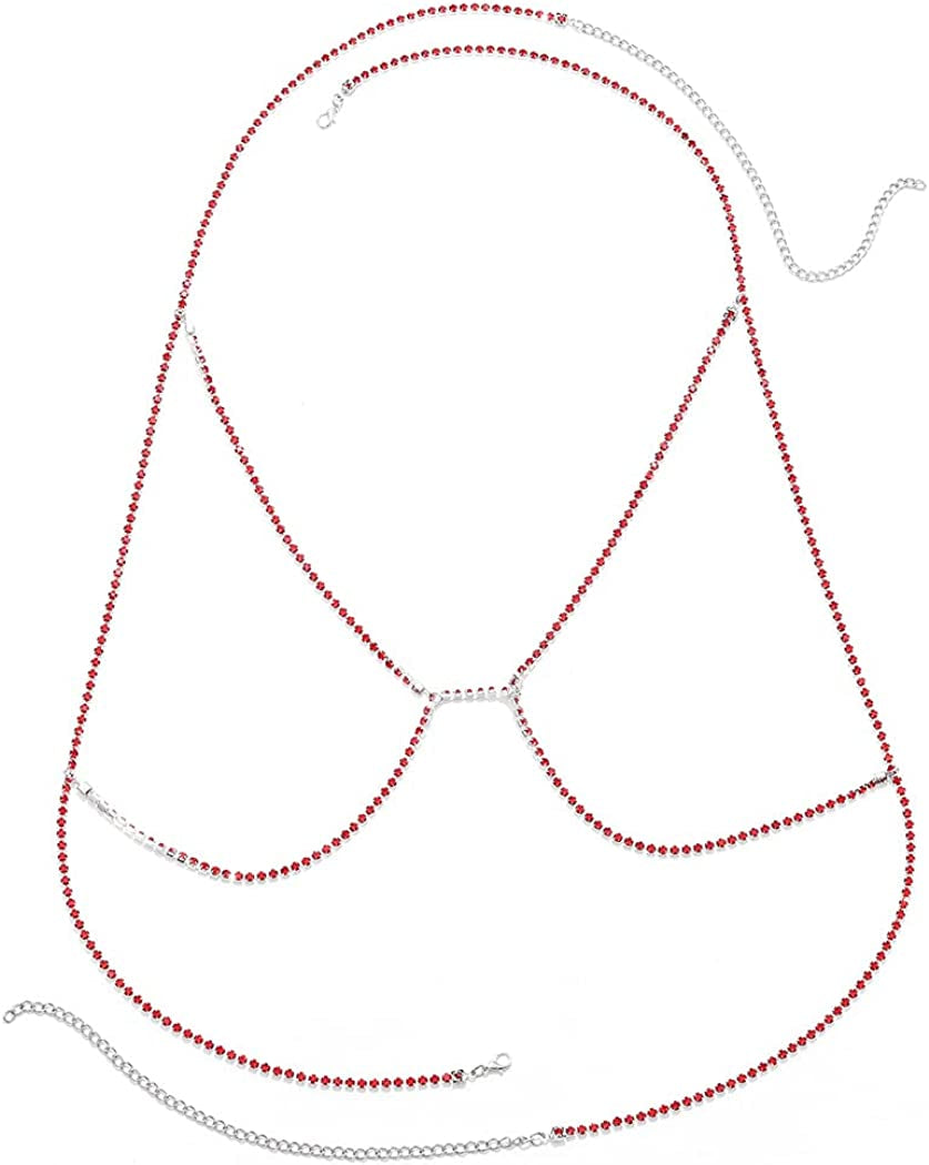 Woeoe Rhinestone Chain Bra Crystal Body Chains for Women Necklace Sexy Bikini Nightclub Body Chain Jewelry Apparel & Accessories > Jewelry > Body Jewelry Woeoe red