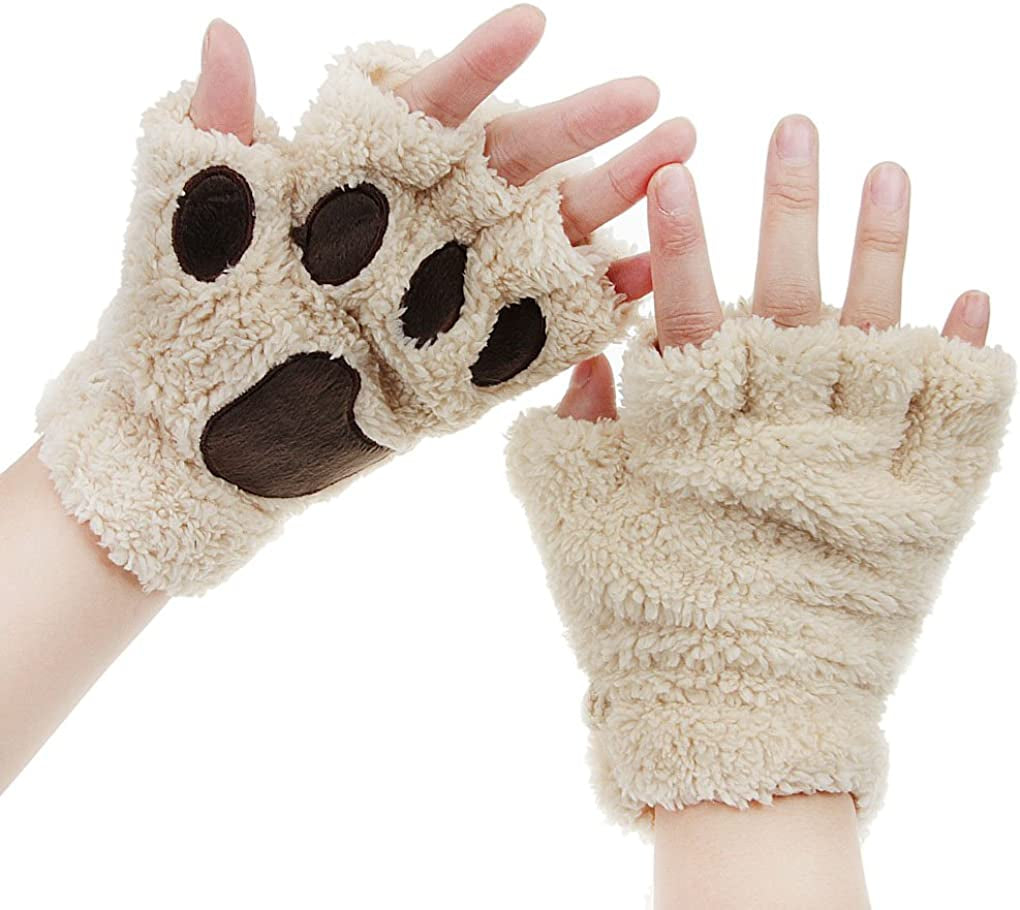 Fakeface Cute Cat Kitten Paw Fingerless Faux Fur Plush Gloves for Girls Women Apparel & Accessories > Clothing Accessories > Gloves & Mittens FakeFace Beige