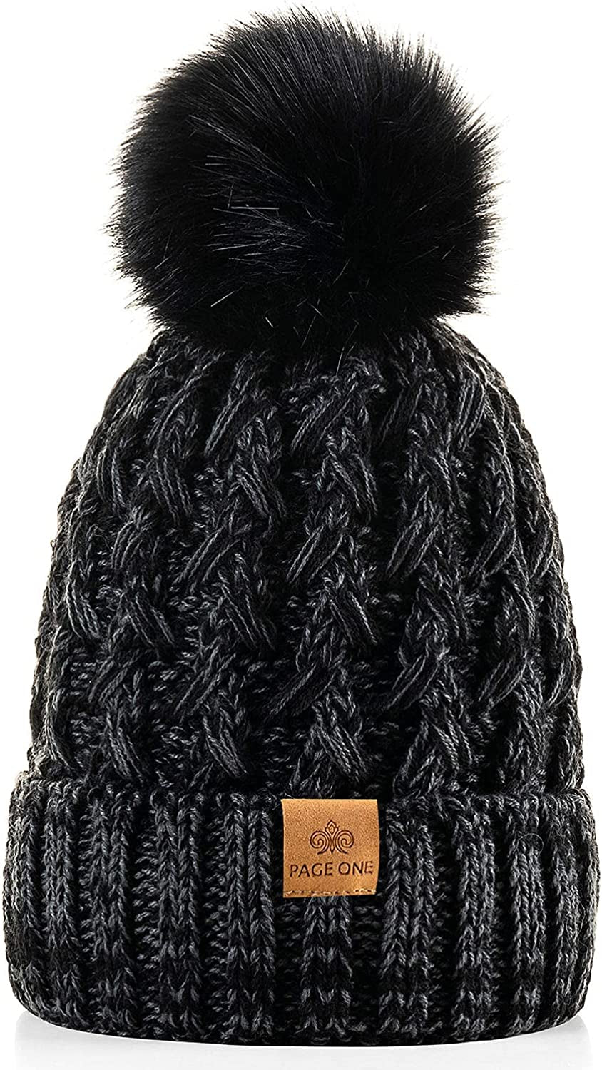 PAGE ONE Womens Winter Ribbed Beanie Crossed Cap Chunky Cable Knit Pompom Soft Warm Hat Apparel & Accessories > Clothing Accessories > Hats PAGE ONE Mixed Black