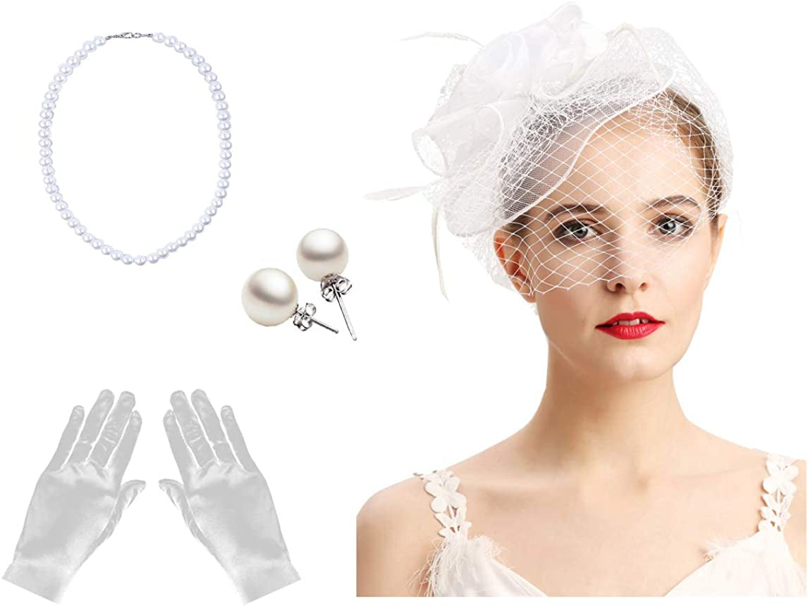 Fascinators Hats 20S 50S Hat Pillbox Hat Cocktail Tea Party Headwear with Veil for Girls and Women Apparel & Accessories > Clothing Accessories > Headwear Cizoe D-white Set