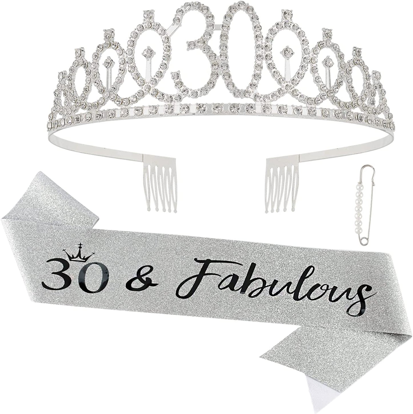 CAVETEE Rose Gold 30 & Fabulous Birthday Sash and Crown 30Th Birthday Tiaras and Sash Set for Women Birthday Decorations Birthday Queen Crowns Tiaras for Women Apparel & Accessories > Clothing Accessories > Sashes CAVETEE Silver