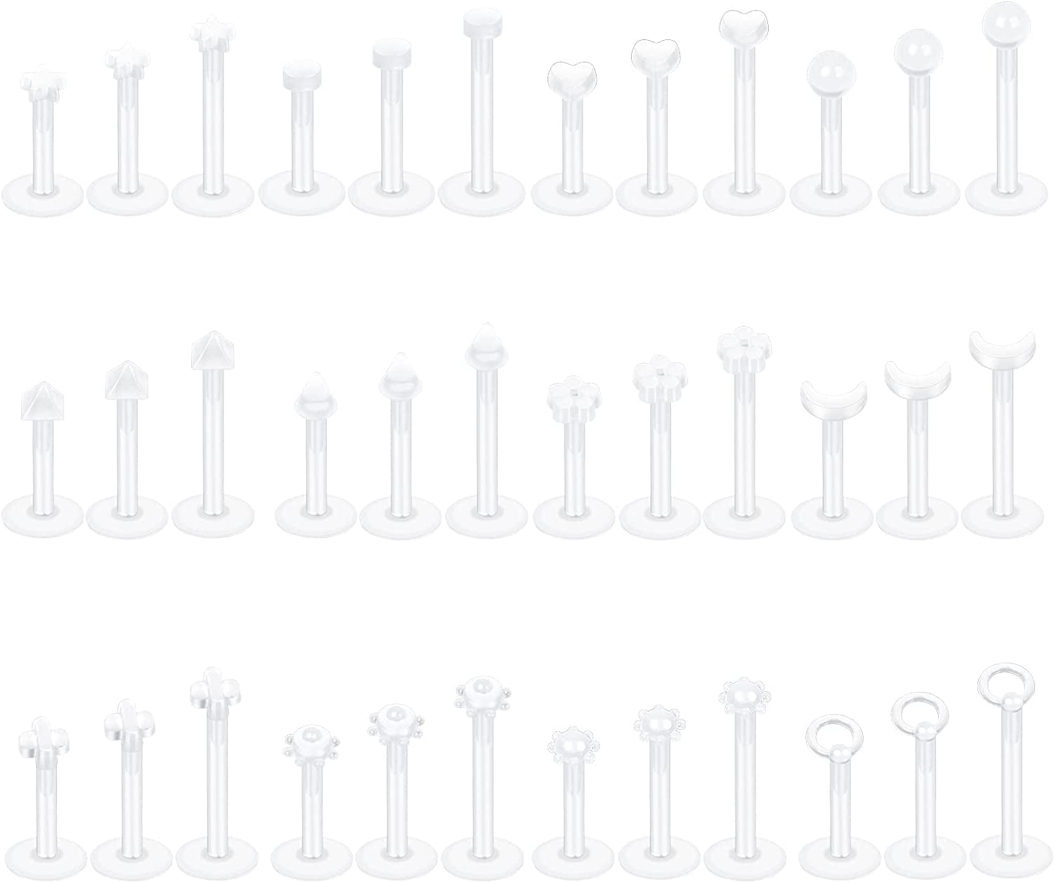 Oveta Clear Piercing Retainers Flexible Bioflex 14G 16G 20G Navel Belly Button Ring Lip Labret Piercings Retainer Eyebrow Tongue Barbells Cartilage Tragus Earrings Retainer 36-90PCS Apparel & Accessories > Jewelry > Body Jewelry Oveta 36pcs Clear Lip Studs