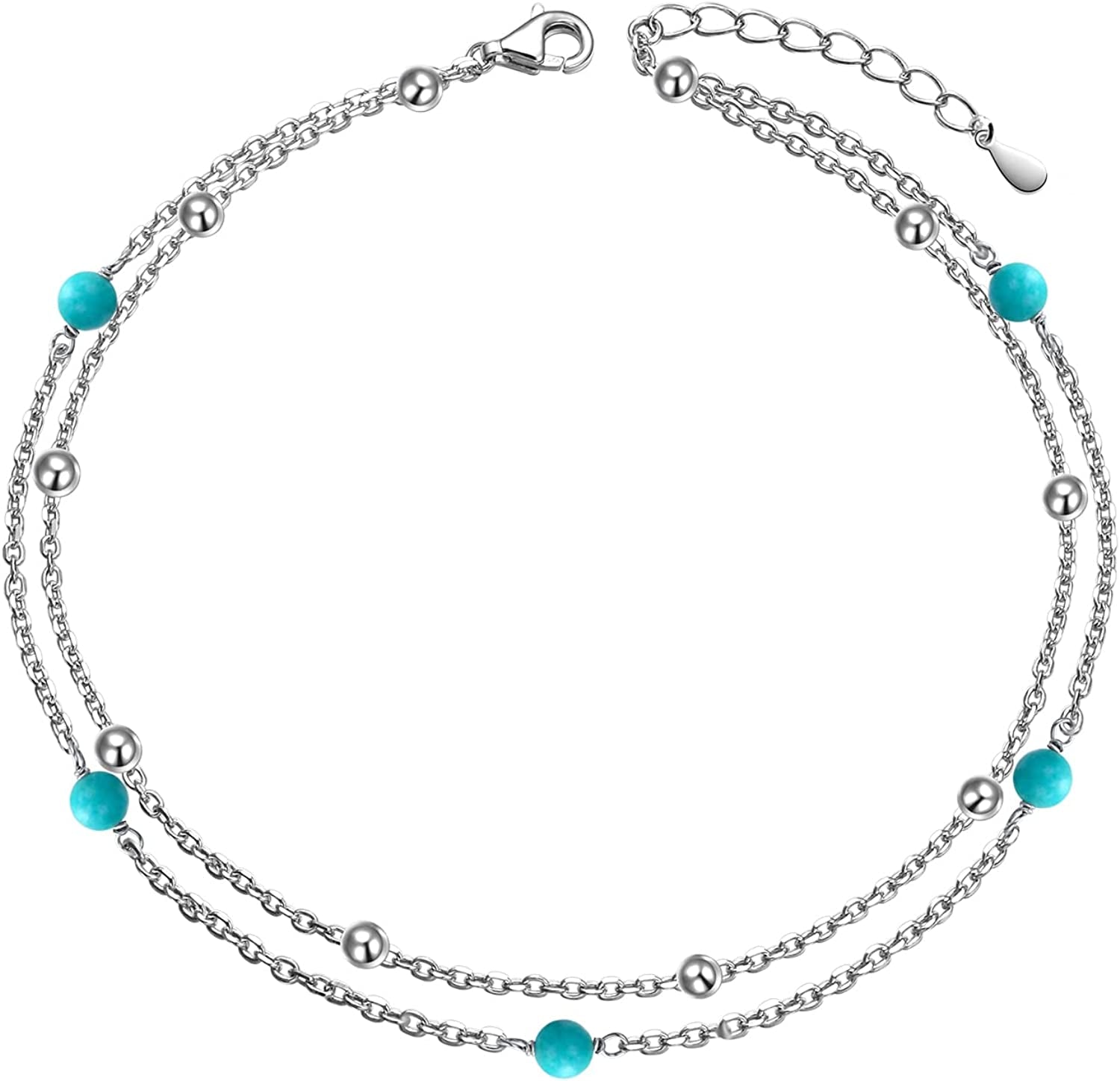Flyow Anklet for Women S925 Sterling Silver Adjustable Foot Beaded Infinity/Heart/Angel Wing/Turtle Ankle Bracelet Anklets Jewelry Gift Apparel & Accessories > Jewelry > Anklets Silver Light Jewelry turquoise B