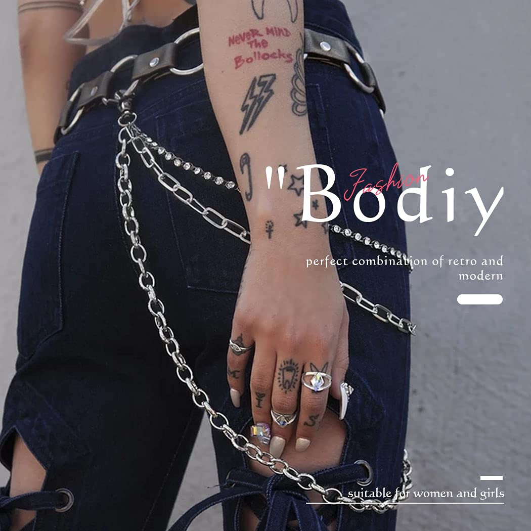 Bodiy Punk Waist Chain Belts Leather Gothic Layered Heart Love Rave Belly Body Chains Jewelry for Women Sexy (Black-1) Apparel & Accessories > Jewelry > Body Jewelry BODIY