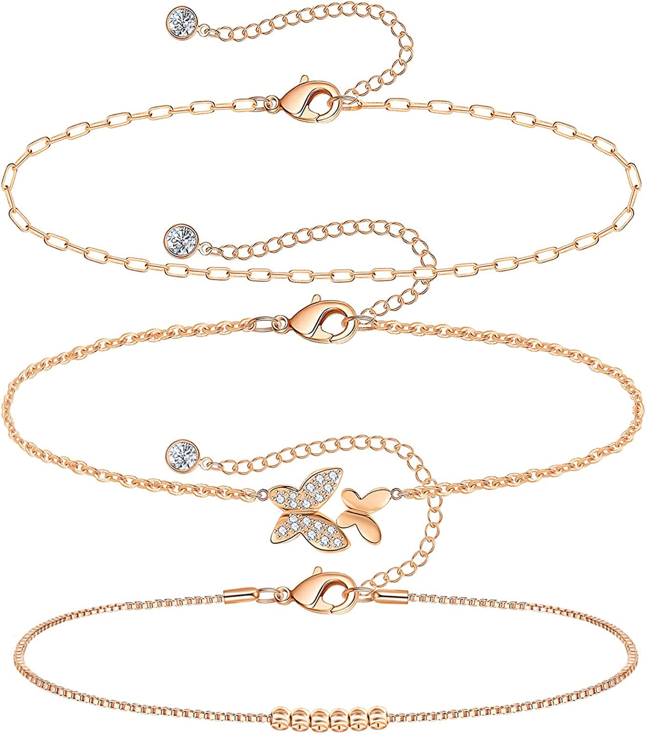 Gold Ankle Bracelets for Women 14K Gold Plated Anklet Silver Tennis Butterfly Star Coin Quartz Bead Snake Paperclip Chain Dainty Layered Anklet Set 3Pcs Jewelry Gifts for Teen Girls Apparel & Accessories > Jewelry > Anklets Vermeyen N-Rose Gold-Butterfly