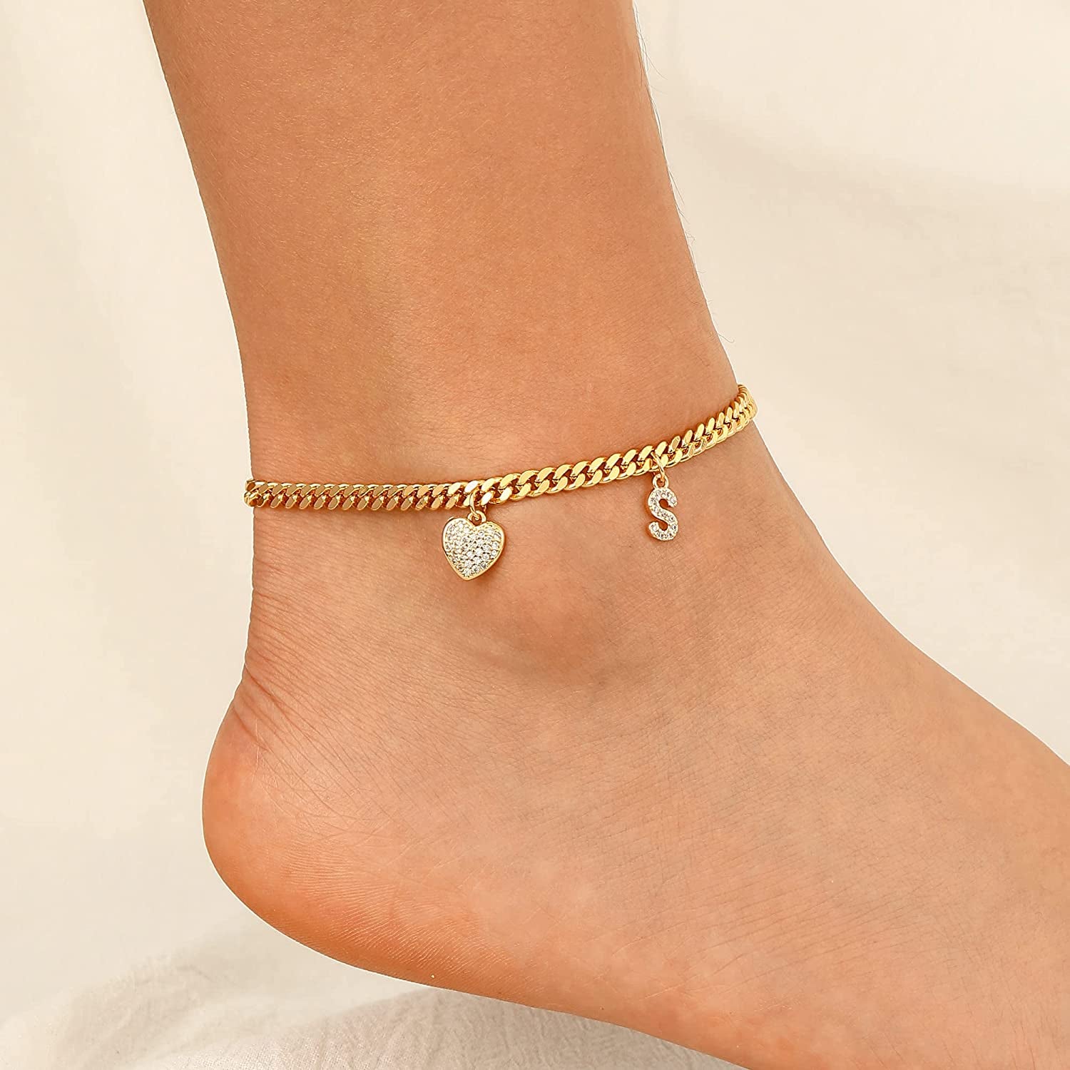Gold Heart Ankle Bracelets for Women 14K Gold Plated Initial Charm Gold Anklets for Women Cuban Link Chain Heart Anklet Bracelets for Women Apparel & Accessories > Jewelry > Anklets BRIJEWLIC