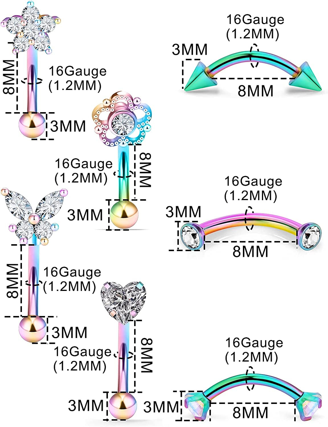 Oufksiyy 16G Rook Piercing Jewerlry Surgical Steel Eyebrow Piercing Jewelry Flower Crystal Heart CZ Moon Shape Eyebrow Rings Snake Eyes Rook Earrings for Women Men Tongue Retainer,Silver Barbell Apparel & Accessories > Jewelry > Body Jewelry Oufksiyy