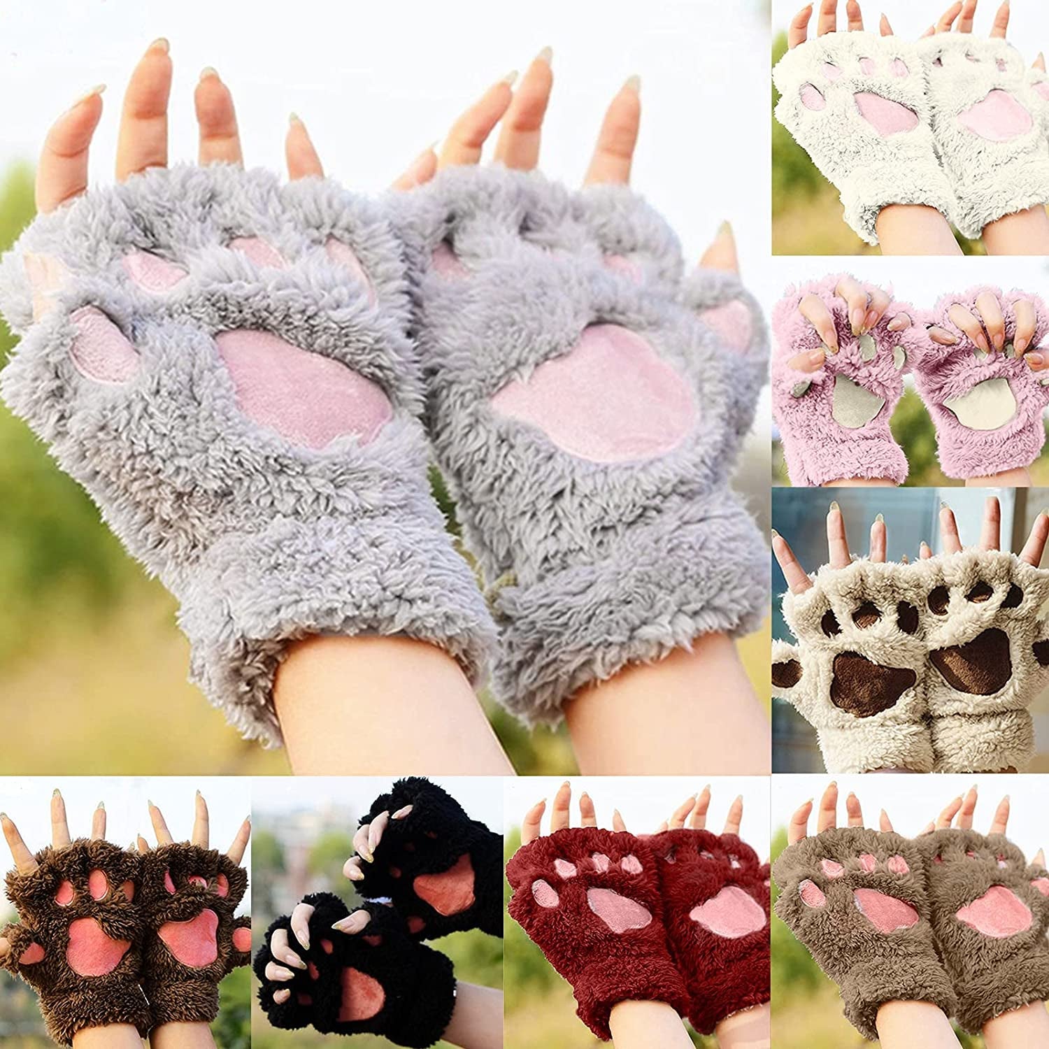 Cat Claw Bear Paw Fingerless Winter Plush Gloves 1Pair for Women Girls Fleece Plush Gloves Mittens Half Finger Gloves Cosplay Apparel & Accessories > Clothing Accessories > Gloves & Mittens JPLZi
