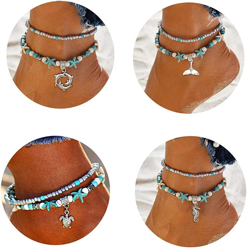 Softones Blue Starfish Turtle Anklet Multilayer Charm Beads Sea Handmade Boho Anklet Foot Jewelry for Women Girl Apparel & Accessories > Jewelry > Anklets Softones H:4pcs Animal Anklets