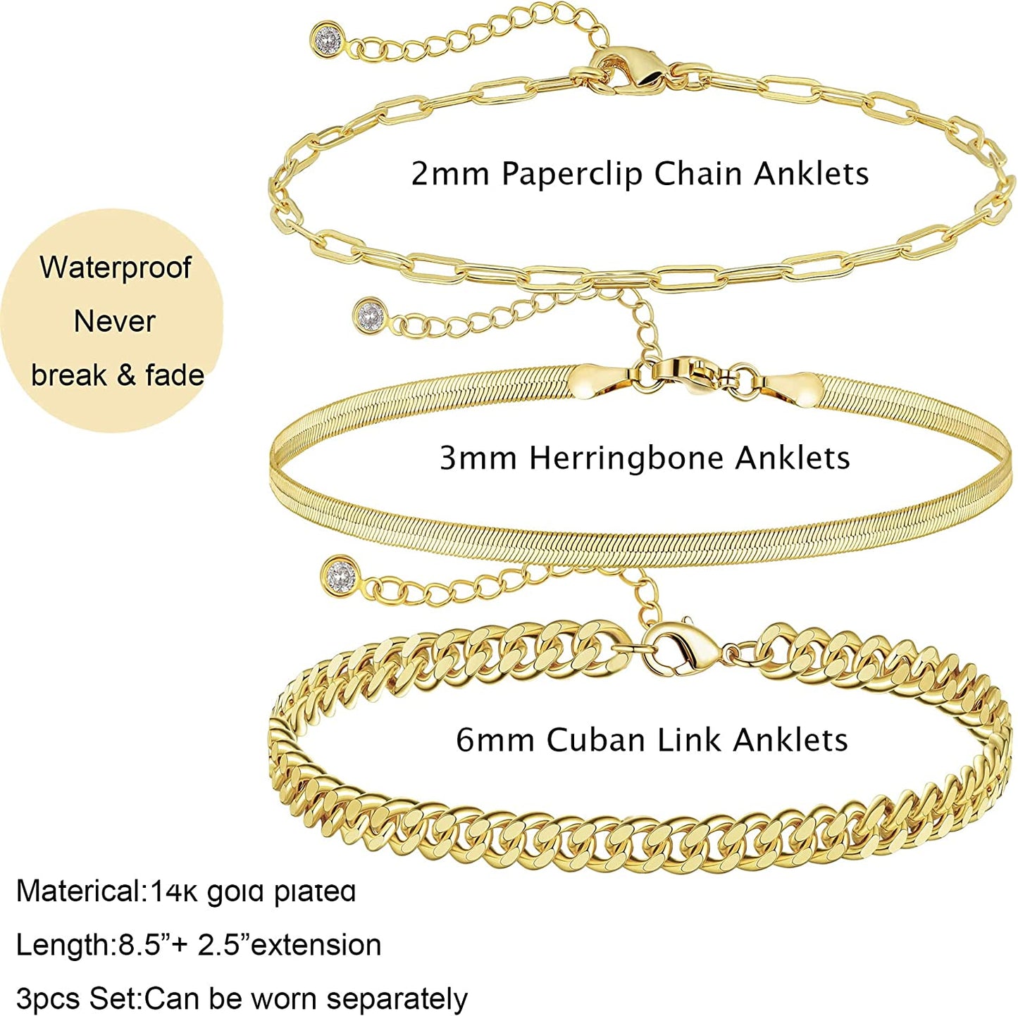 Tewiky Ankle Bracelets for Women, 14K Gold Anklets Layered Gold Herringbone Figaro Tennis Cuban Link Anklet for Women Boho 3PCS Gold Anklet Set Summer Beach Foot Jewelry Gifts for Her Apparel & Accessories > Jewelry > Anklets ANK-02