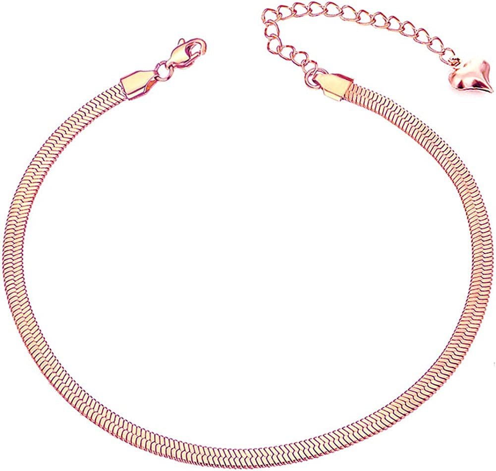 QJLE 18K Gold Plated Flat Snake Chain Link Dainty Ankle Bracelets for Women, Boho Cute Summer Beach Anklet Adjustable Foot Jewelry Apparel & Accessories > Jewelry > Anklets QJLE 3mm Rose Gold