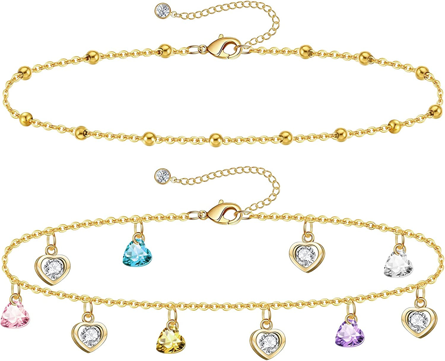 Gold Ankle Bracelets for Women 14K Gold Plated Anklet Silver Tennis Rose Quartz Cross Bead Herringbone Snake Paperclip Chain Cubic Zirconia Dainty Layered Anklet Set 3Pcs Apparel & Accessories > Jewelry > Anklets WeSparking ZC-Yellow Gold-Heart