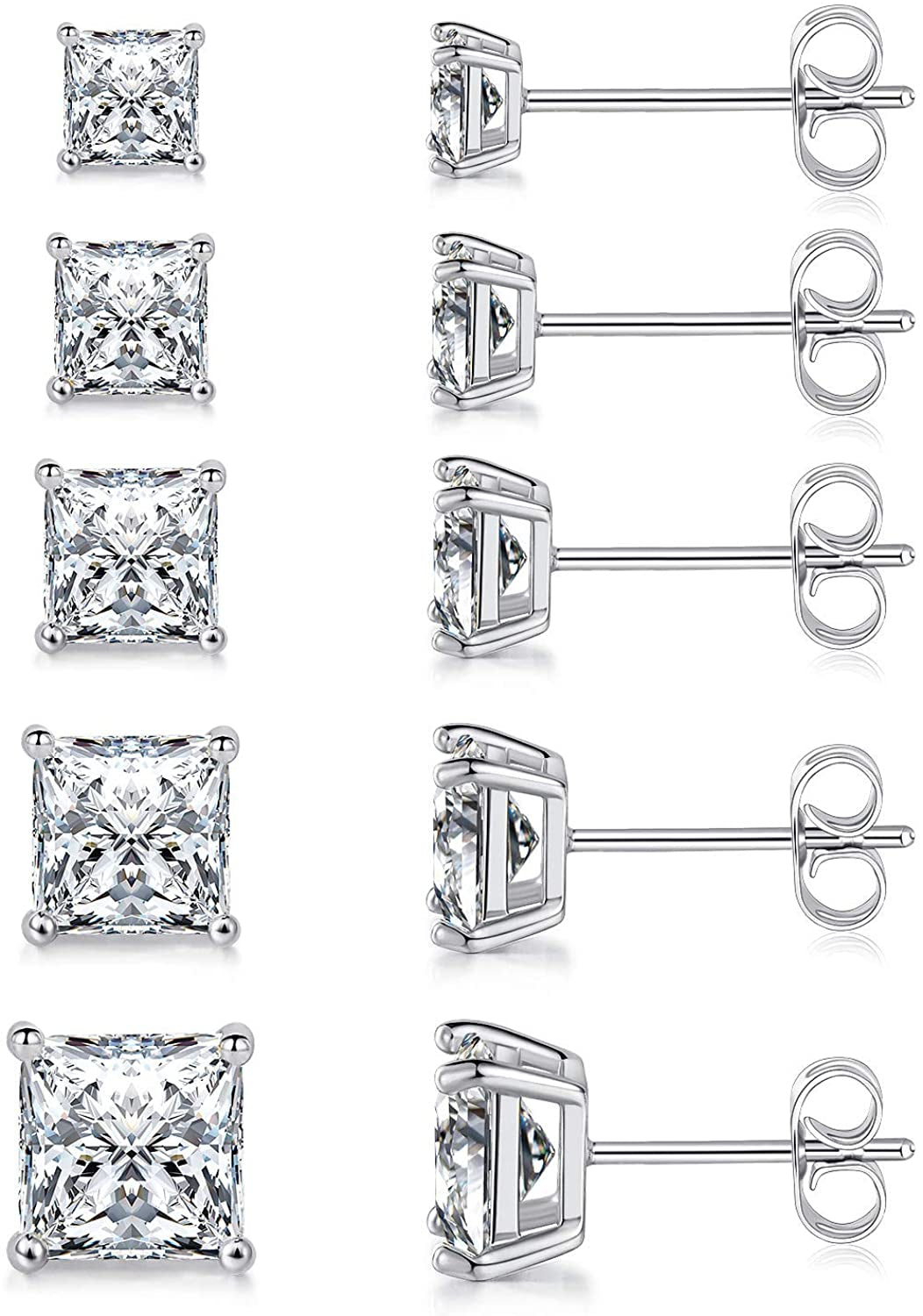MDFUN 18K White Gold Plated Princess Cut Clear Cubic Zirconia Stud Earring Pack of 5 Pairs Apparel & Accessories > Jewelry > Earrings MDFUN A-White Gold Plated