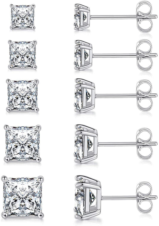 MDFUN 18K White Gold Plated Princess Cut Clear Cubic Zirconia Stud Earring Pack of 5 Pairs Apparel & Accessories > Jewelry > Earrings MDFUN A-White Gold Plated