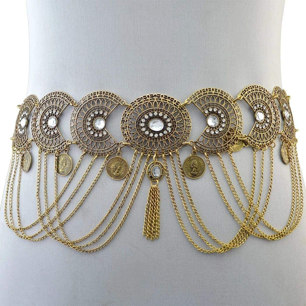 Idealway Vintage Waist Chain Hollow Carving Rhinestone Crystal Body Chain Summer Beach Body Waist Chain Jewelry Apparel & Accessories > Jewelry > Body Jewelry idealway