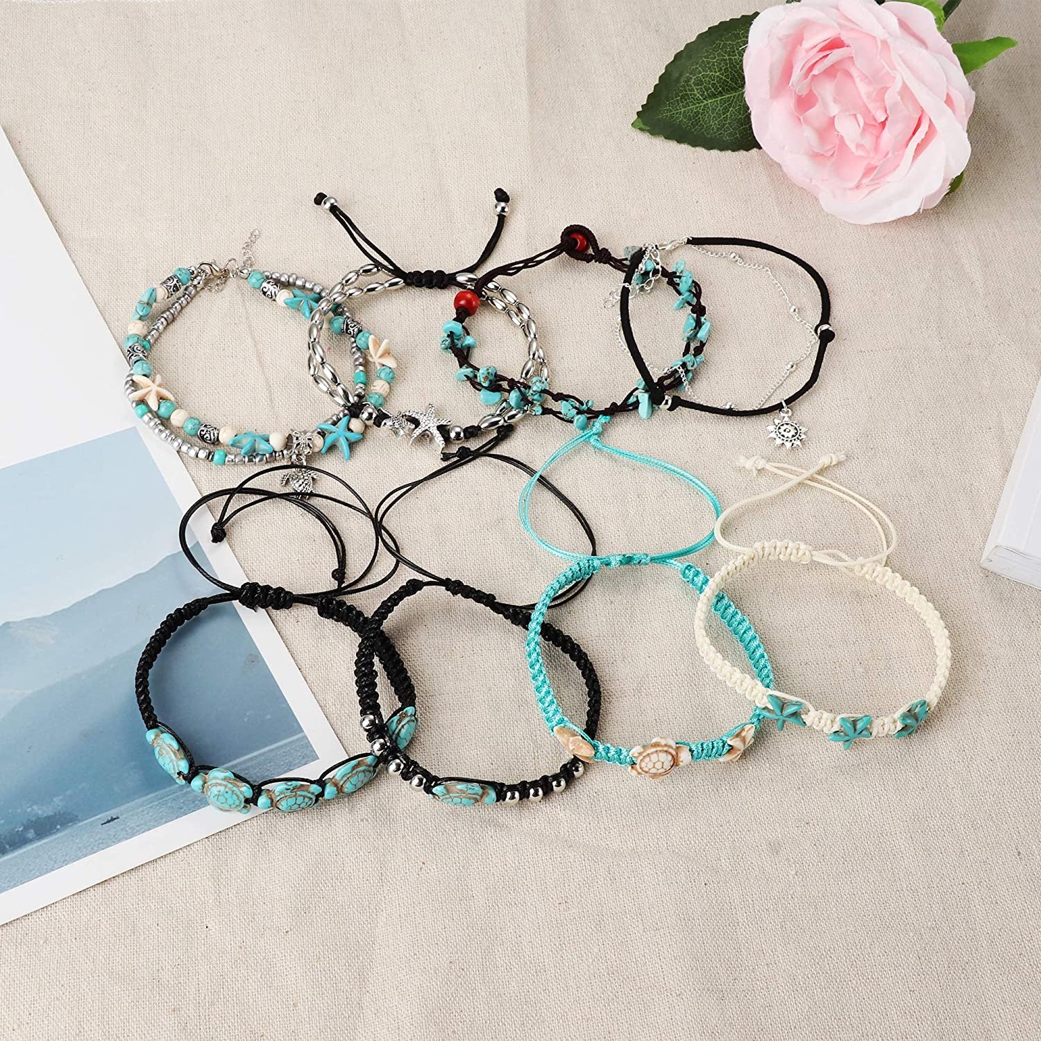 Finrezio 8-12PCS Anklets for Women Girls Adjustable Boho Turtle Starfish Beach Ankle Bracelets Foot Jewelry Set Handmade Apparel & Accessories > Jewelry > Anklets FINREZIO