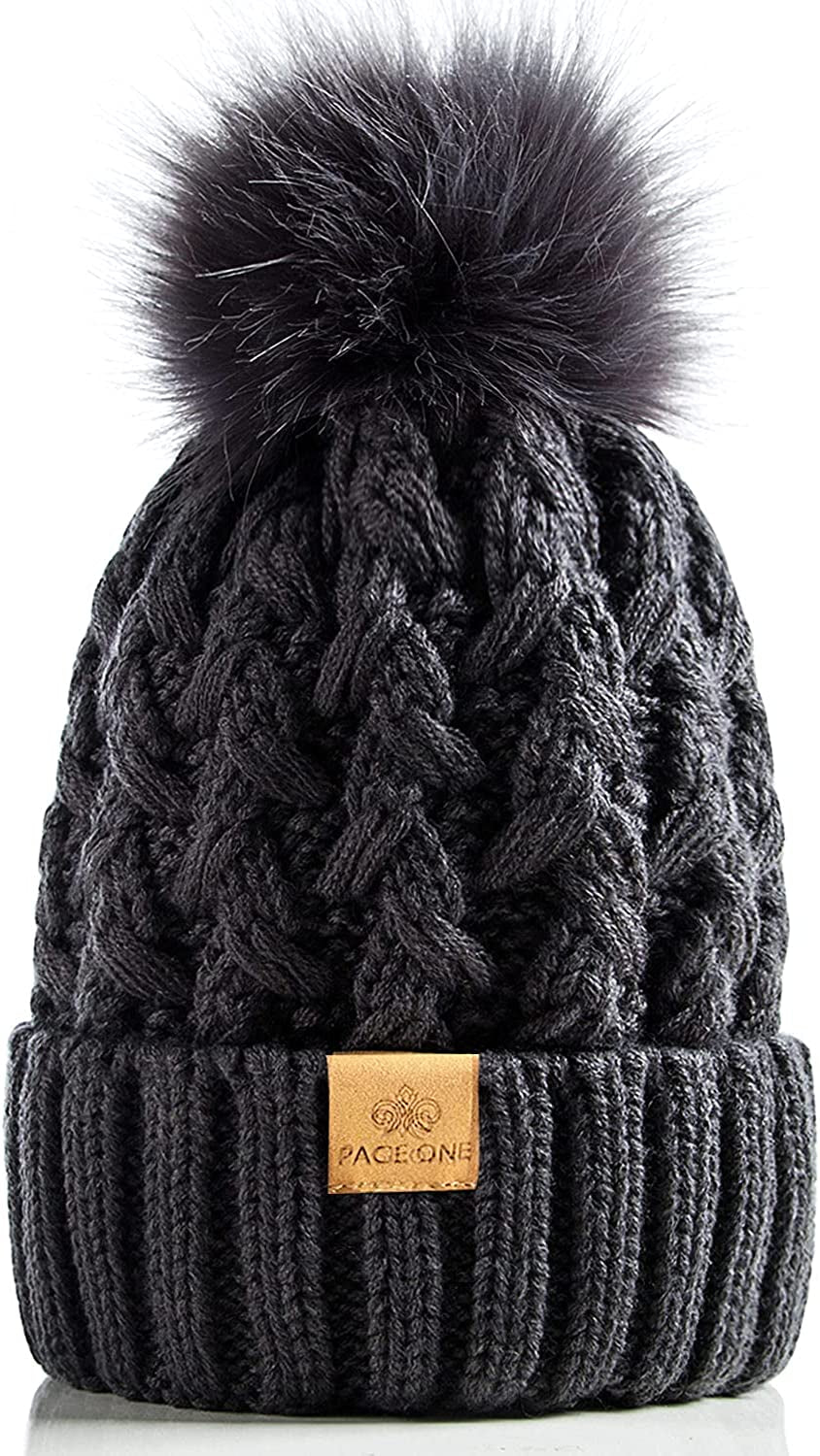 PAGE ONE Womens Winter Ribbed Beanie Crossed Cap Chunky Cable Knit Pompom Soft Warm Hat Apparel & Accessories > Clothing Accessories > Hats PAGE ONE Dark Gray
