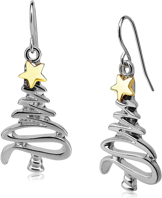 Cute Christmas Tree Piercing Dangle Earrings Golden Silver Two Tone Women Girls Holiday Gift Apparel & Accessories > Jewelry > Earrings RareLove