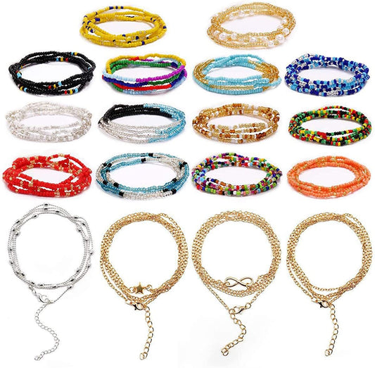 Shaggydogz 18 Pieces Waist Beads Body Chains, Colorful African Belly Waist Bracelet Anklet Necklace Bead Stretchy Elastic String Summer Beach Bikini Jewelry for Women Girls Sexy Beauty Fashion Apparel & Accessories > Jewelry > Body Jewelry ShaggyDogz