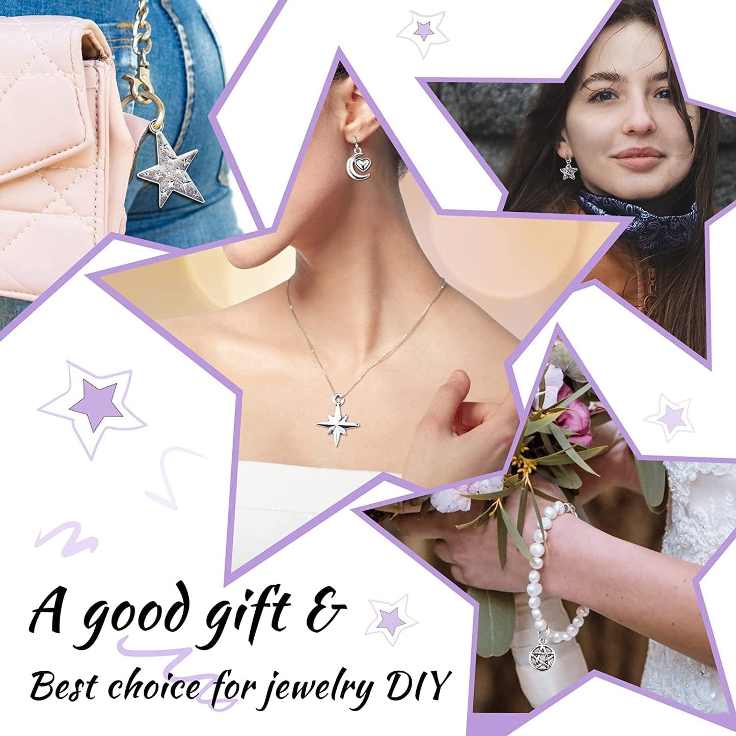 Celestial Mixed Sun Moon Star Charms, Wholesale Bulk Lots Antique Alloy Charms Pendants DIY for Necklace Bracelet Jewelry Making and Crafting, 100G(74Pcs)