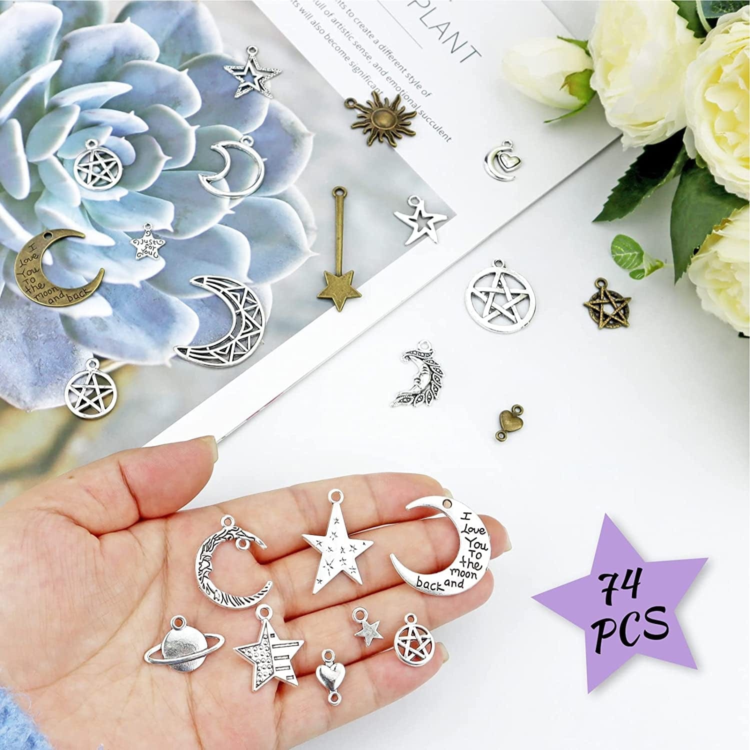 Celestial Mixed Sun Moon Star Charms, Wholesale Bulk Lots Antique Alloy Charms Pendants DIY for Necklace Bracelet Jewelry Making and Crafting, 100G(74Pcs)