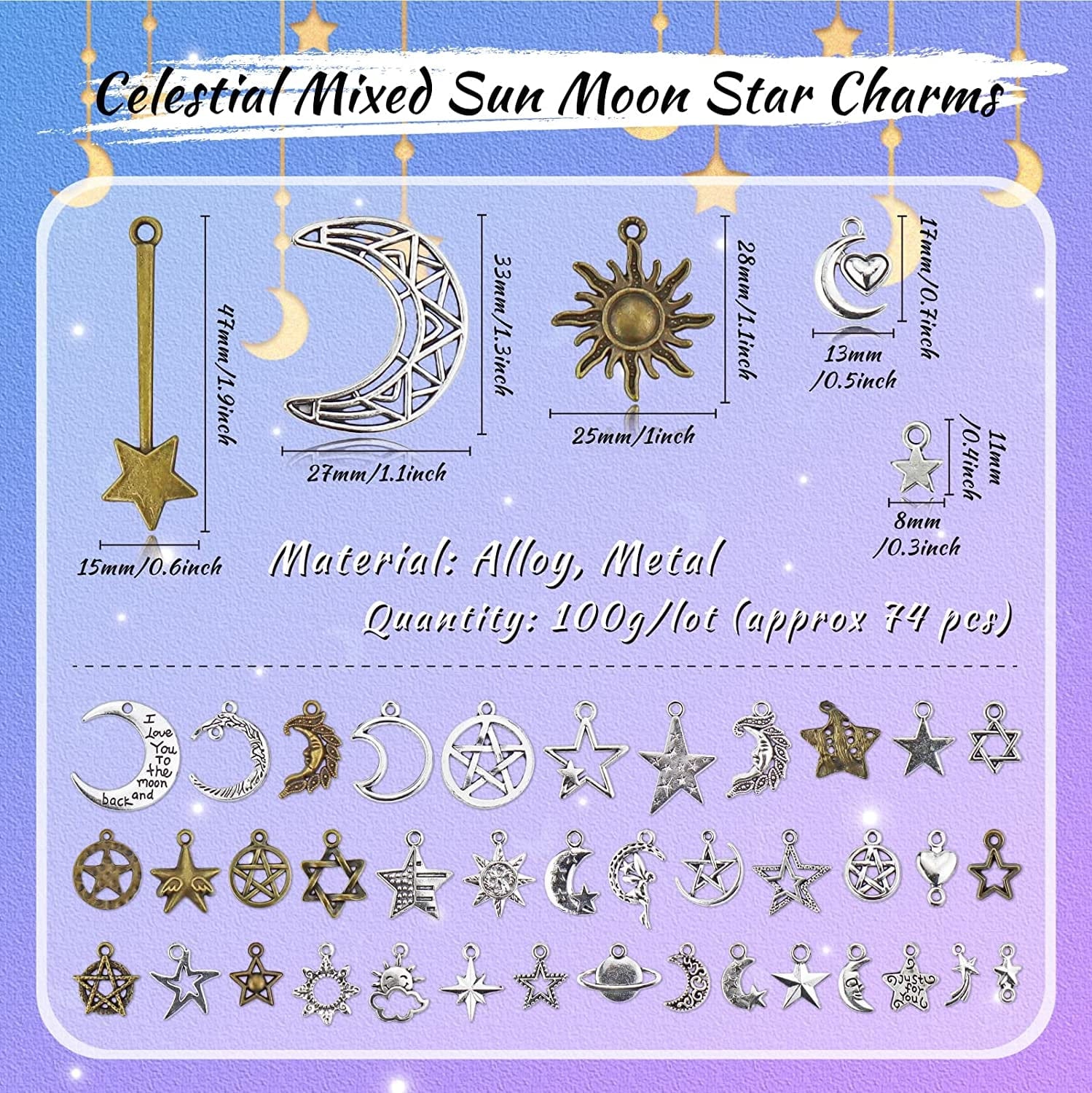 Celestial Mixed Sun Moon Star Charms, Wholesale Bulk Lots Antique Alloy Charms Pendants DIY for Necklace Bracelet Jewelry Making and Crafting, 100G(74Pcs)