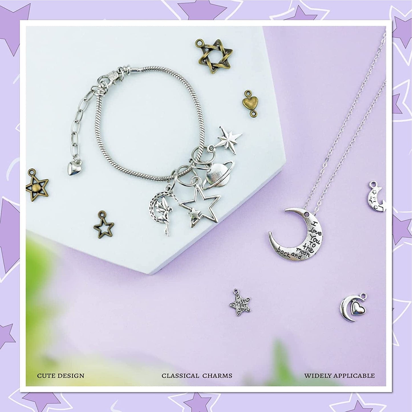 Celestial Mixed Sun Moon Star Charms, Wholesale Bulk Lots Antique Alloy Charms Pendants DIY for Necklace Bracelet Jewelry Making and Crafting, 100G(74Pcs)