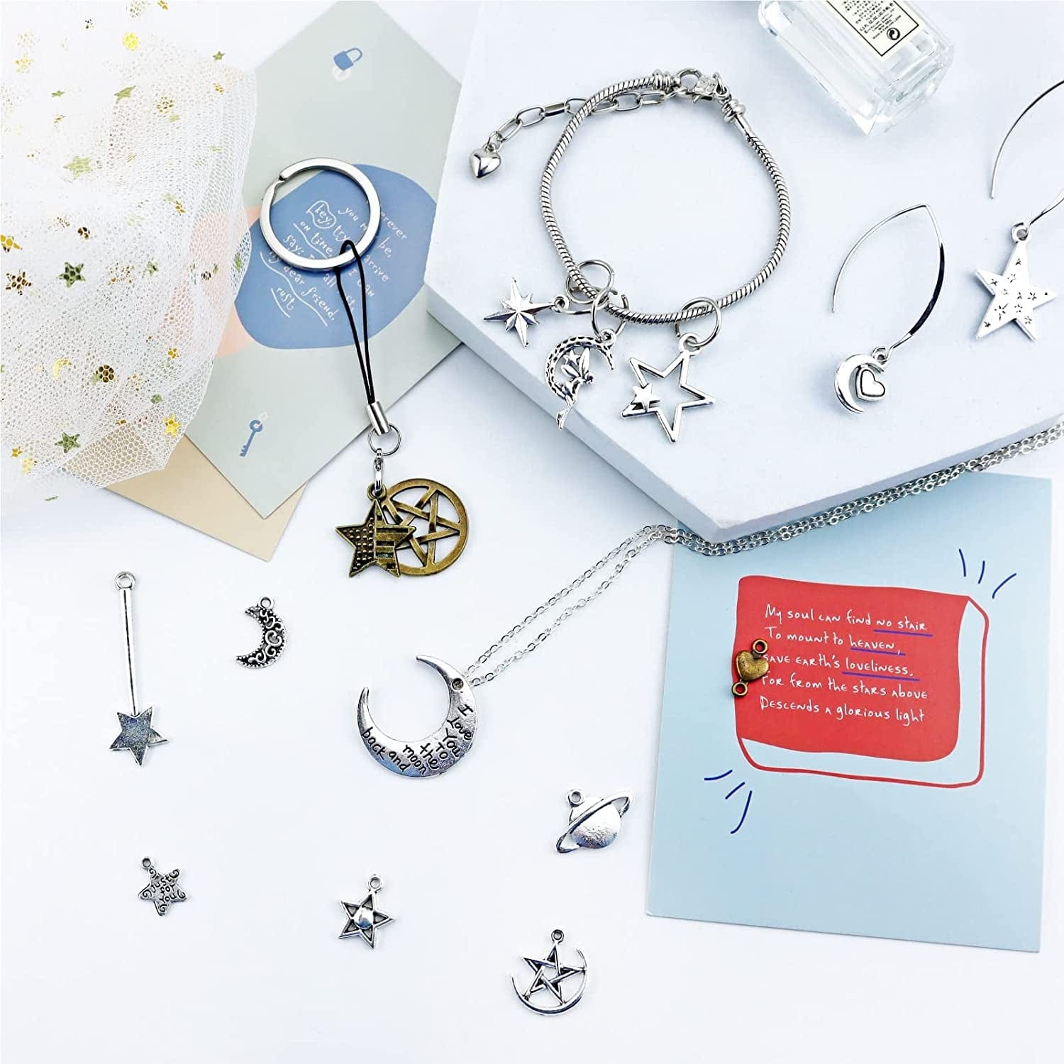 Celestial Mixed Sun Moon Star Charms, Wholesale Bulk Lots Antique Alloy Charms Pendants DIY for Necklace Bracelet Jewelry Making and Crafting, 100G(74Pcs)