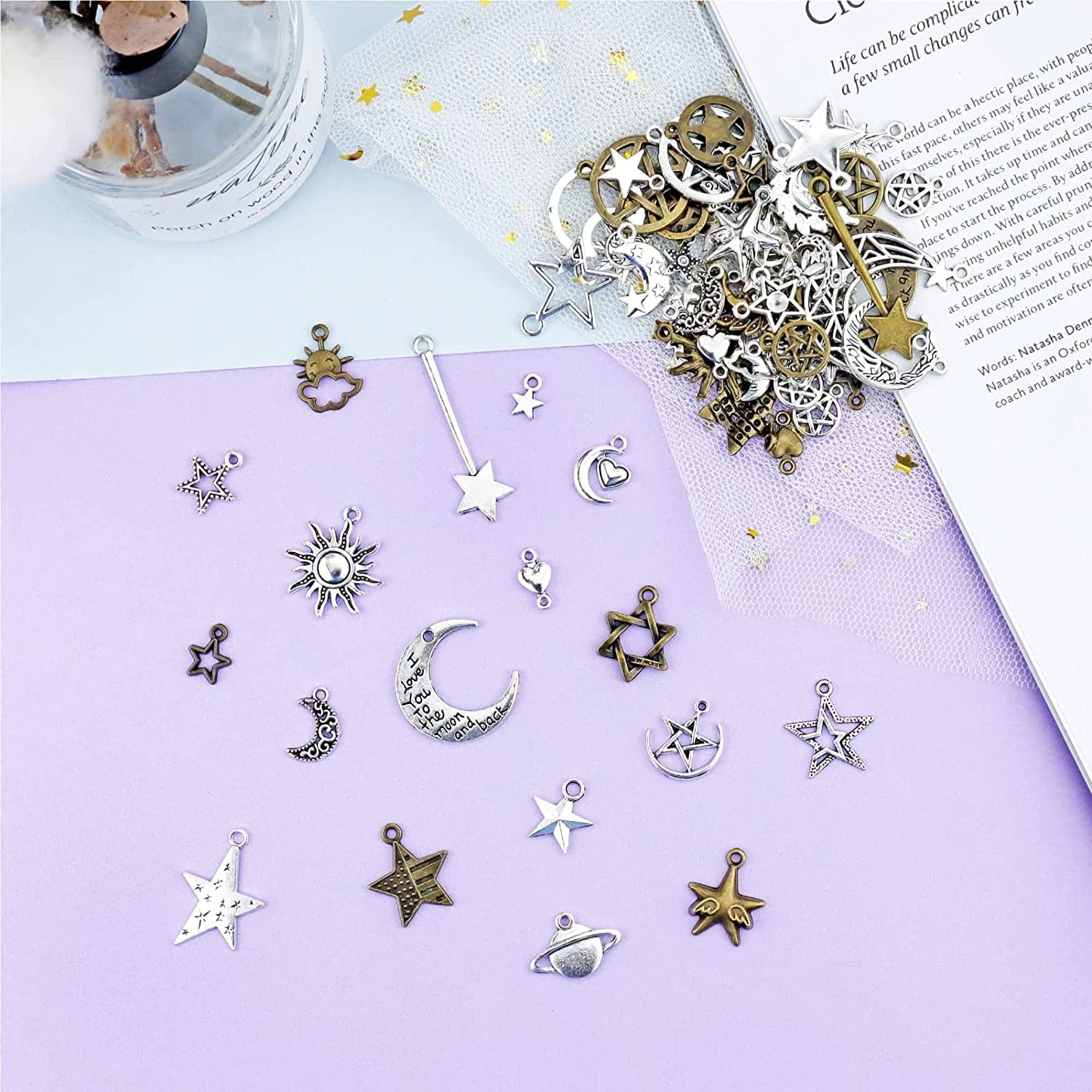 Celestial Mixed Sun Moon Star Charms, Wholesale Bulk Lots Antique Alloy Charms Pendants DIY for Necklace Bracelet Jewelry Making and Crafting, 100G(74Pcs)