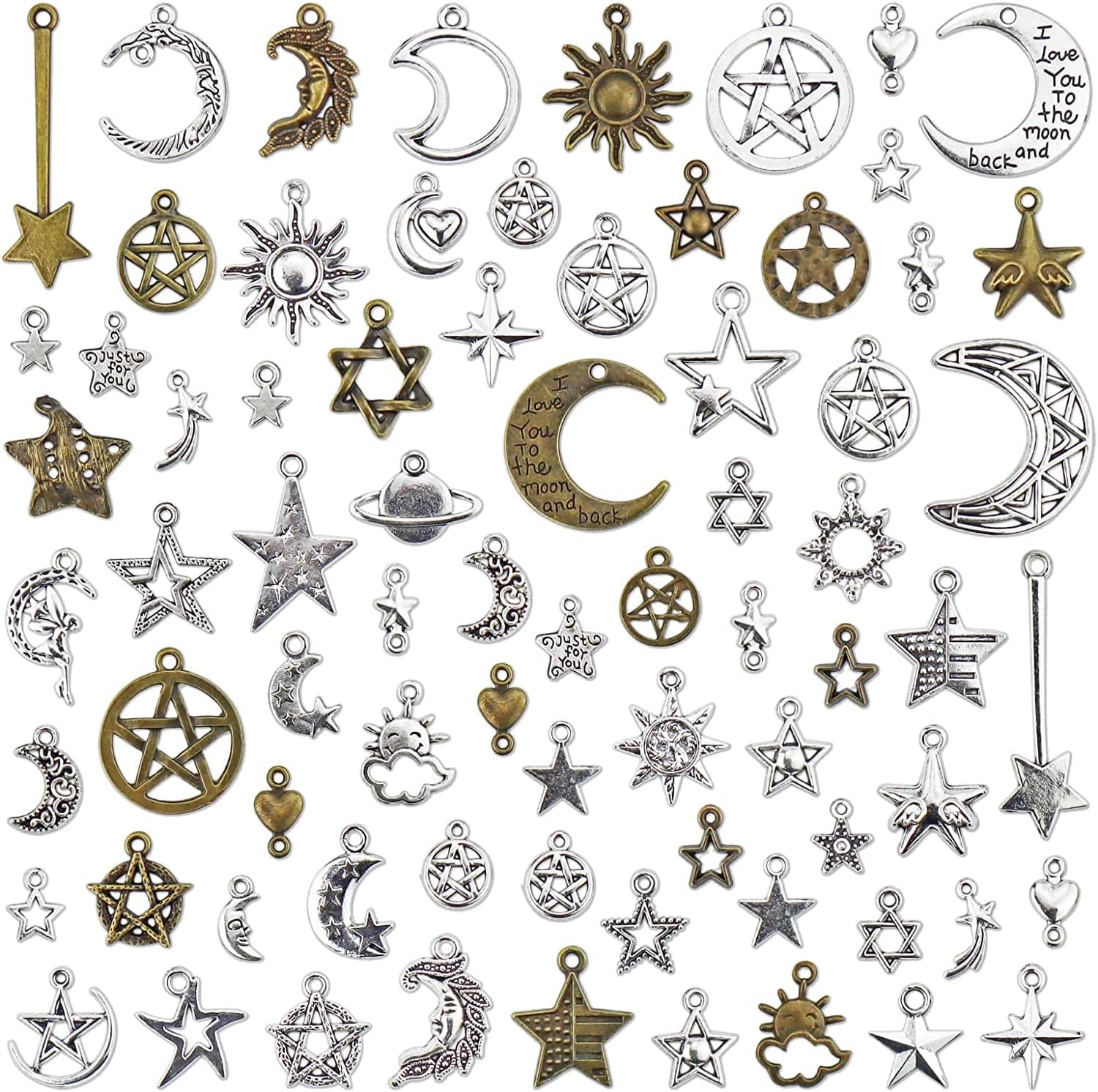 Celestial Mixed Sun Moon Star Charms, Wholesale Bulk Lots Antique Alloy Charms Pendants DIY for Necklace Bracelet Jewelry Making and Crafting, 100G(74Pcs)