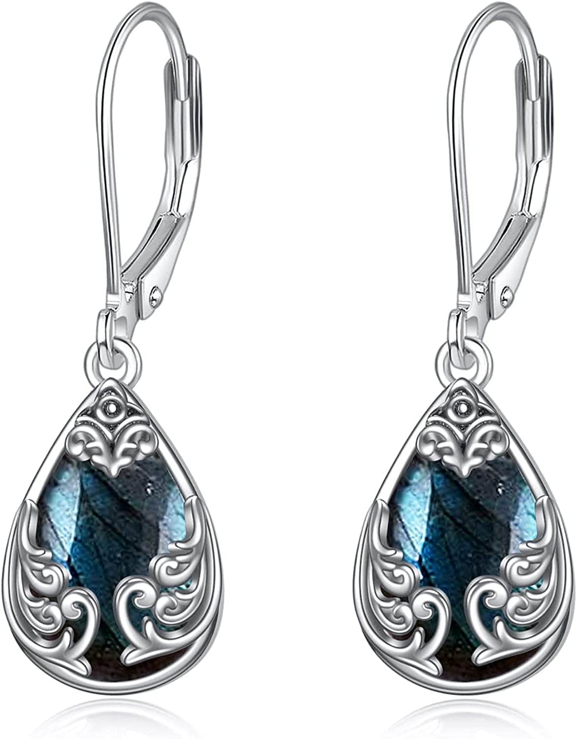 Celtic Moonstone Filigree Teardrop Drop Dangle Earrings Sterling Silver Leverback Earrings Jewelry Labradorite