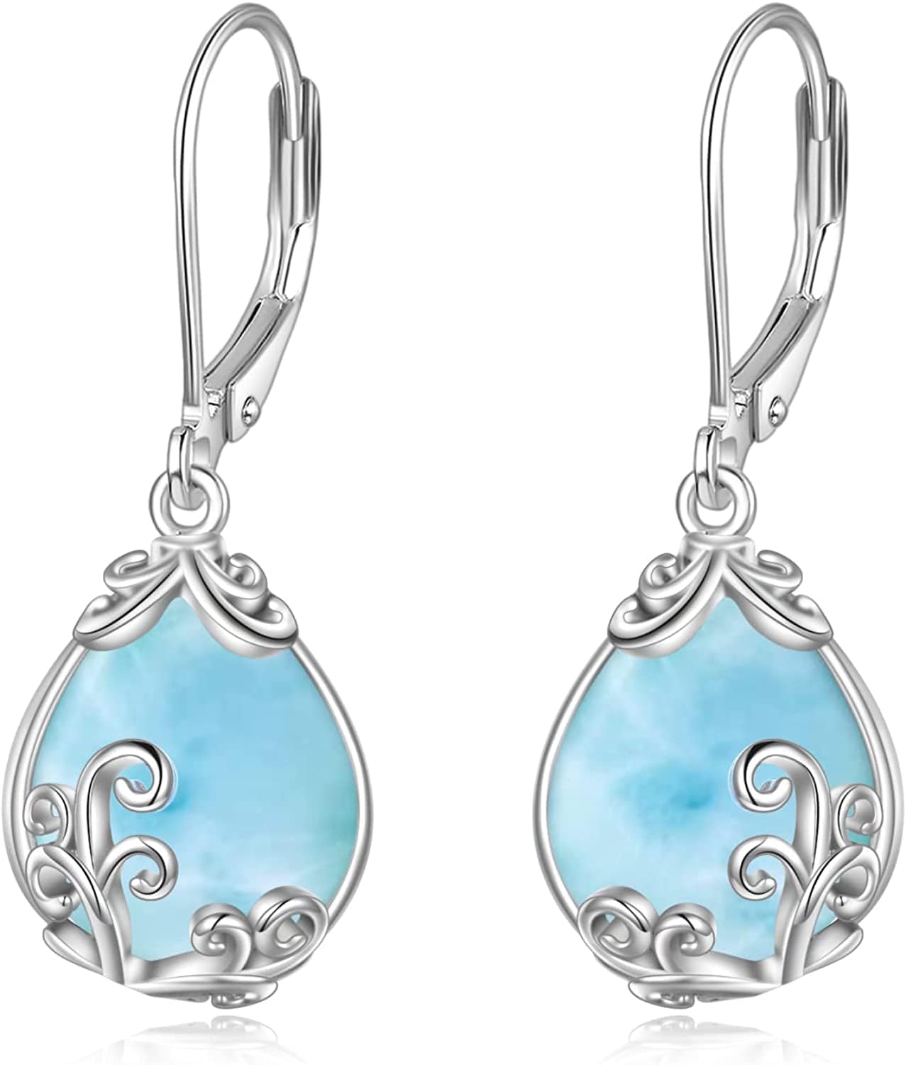 Celtic Moonstone Filigree Teardrop Drop Dangle Earrings Sterling Silver Leverback Earrings Jewelry A-Larimar Filigree