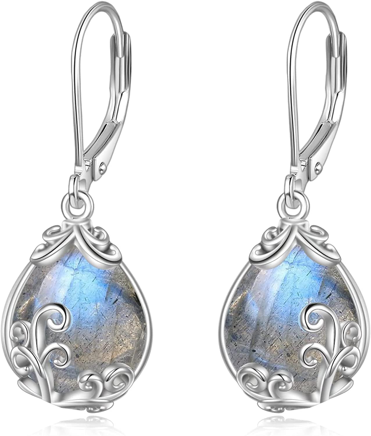 Celtic Moonstone Filigree Teardrop Drop Dangle Earrings Sterling Silver Leverback Earrings Jewelry A-Labradorite Filigree