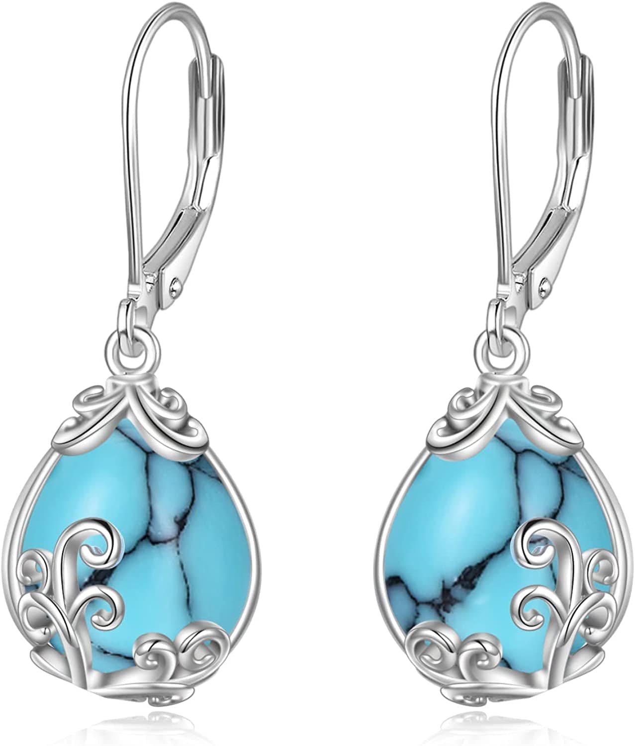 Celtic Moonstone Filigree Teardrop Drop Dangle Earrings Sterling Silver Leverback Earrings Jewelry A-Turquoise Filigree