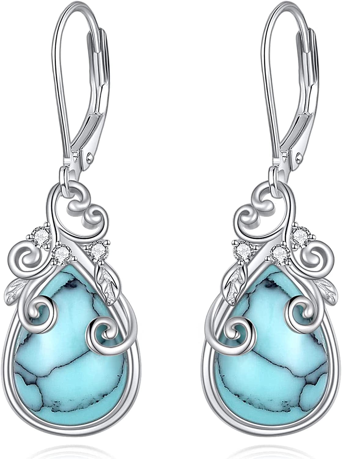 Celtic Moonstone Filigree Teardrop Drop Dangle Earrings Sterling Silver Leverback Earrings Jewelry H-Turquoise Filigree