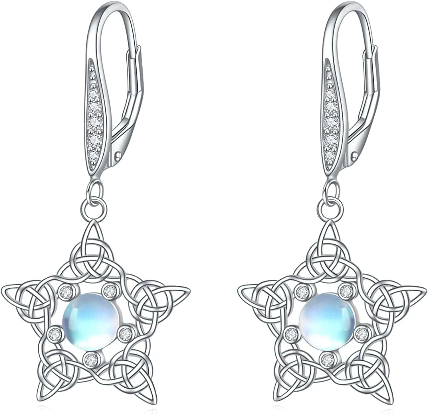 Celtic Moonstone Filigree Teardrop Drop Dangle Earrings Sterling Silver Leverback Earrings Jewelry B-Moonstone Star