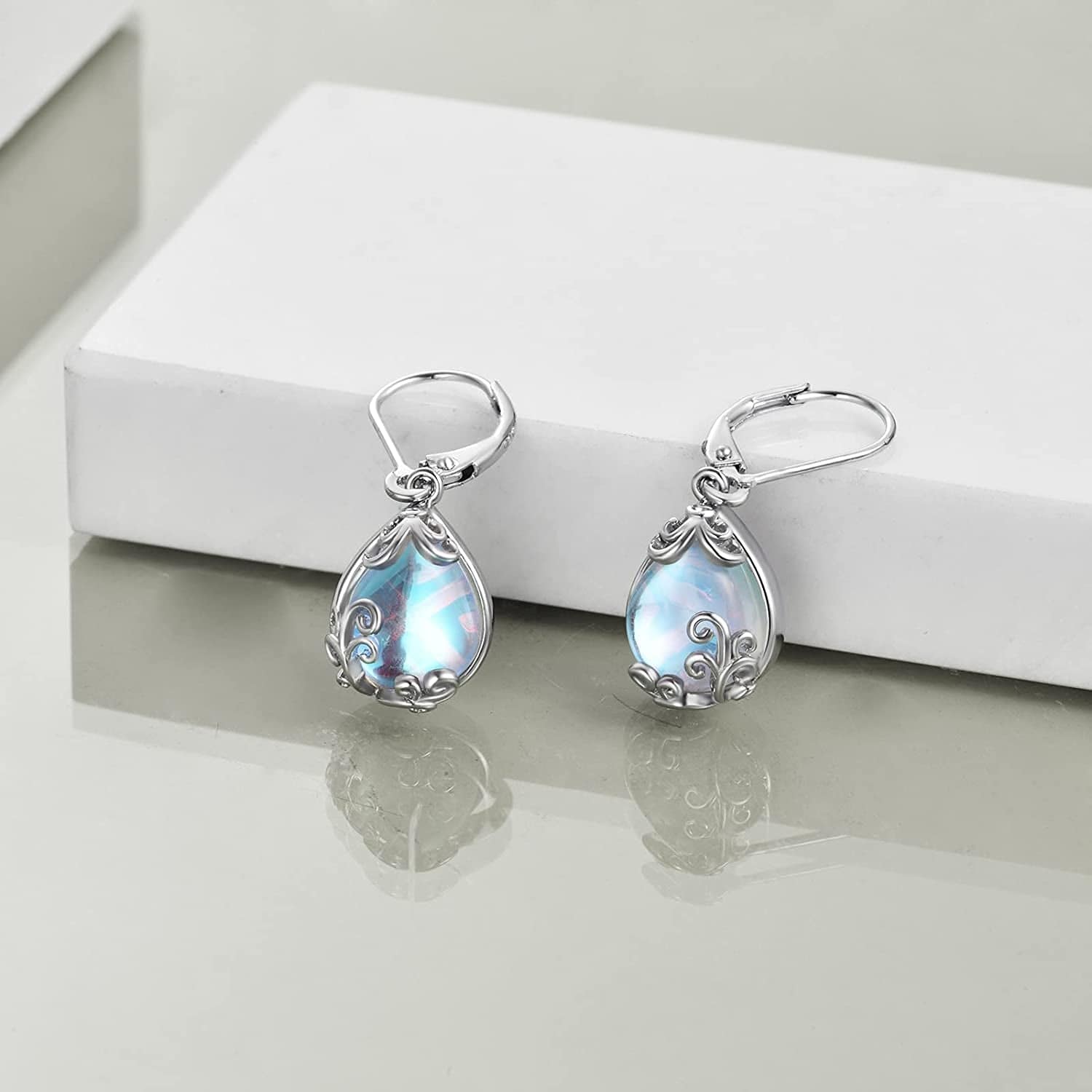 Celtic Moonstone Filigree Teardrop Drop Dangle Earrings Sterling Silver Leverback Earrings Jewelry