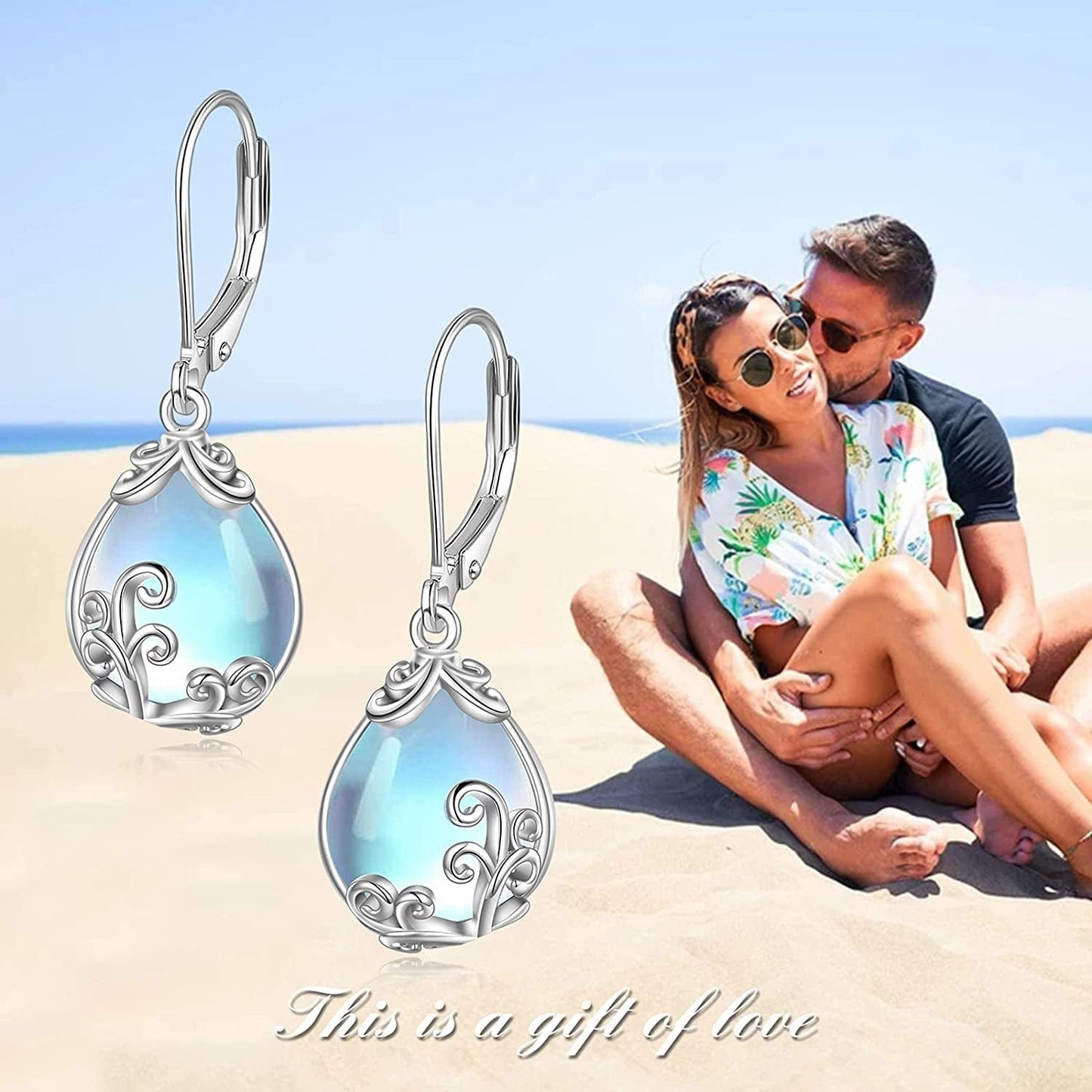 Celtic Moonstone Filigree Teardrop Drop Dangle Earrings Sterling Silver Leverback Earrings Jewelry