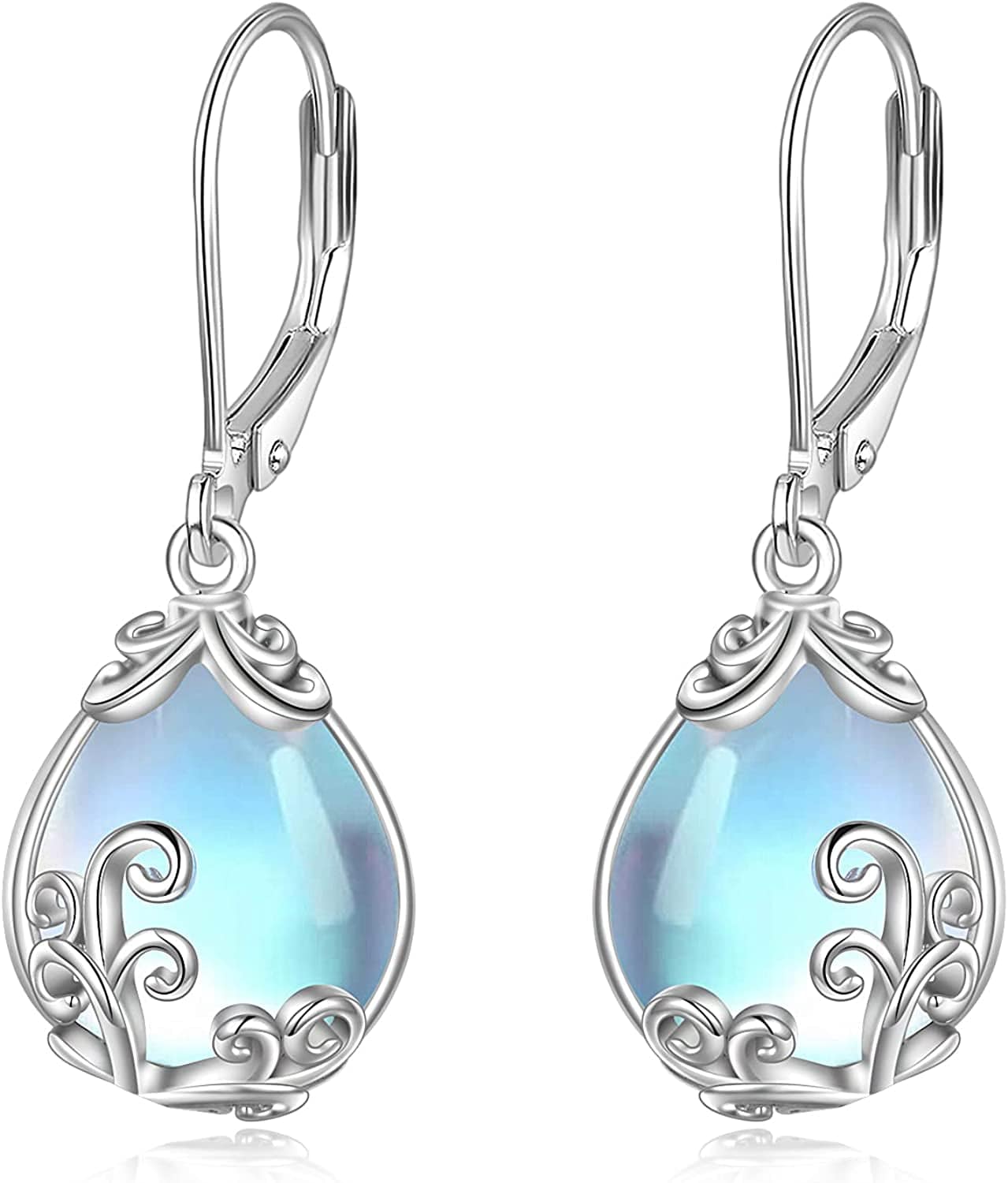 Celtic Moonstone Filigree Teardrop Drop Dangle Earrings Sterling Silver Leverback Earrings Jewelry A-Moonstone Filigree
